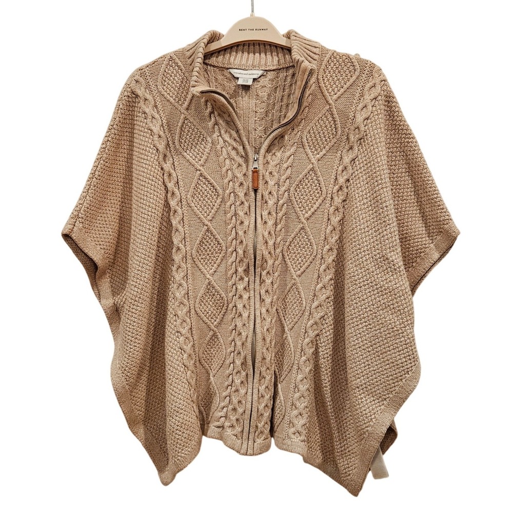 cupcakes and cashmere Cable Knit Full Zip Poncho Sweater Tan Oatmeal S/M